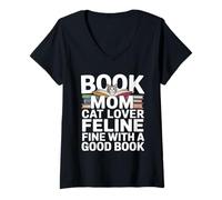 Femme Book Mom Cat Lover Feline Fine with A Good Book Lecture T-Shirt avec Col en V