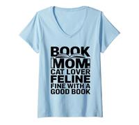 Femme Book Mom Cat Lover Feline Fine with A Good Book Lecture T-Shirt avec Col en V