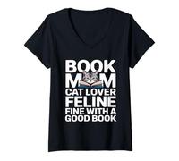 Femme Book Mom Cat Lover Feline Fine with A Good Book Lecture T-Shirt avec Col en V
