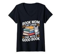 Femme Book Mom Cat Lover Fine with A Good Book Lecture T-Shirt avec Col en V