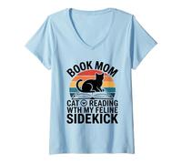 Femme Book Mom Cat Lover Lecture avec Mon Acolyte Felline T-Shirt avec Col en V