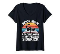 Femme Book Mom Cat Lover Lecture avec Mon Acolyte Felline T-Shirt avec Col en V