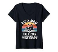 Femme Book Mom Cat Lover Lecture avec Mon Acolyte Felline T-Shirt avec Col en V