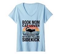 Femme Book Mom Cat Lover Lecture avec Mon Acolyte Felline T-Shirt avec Col en V