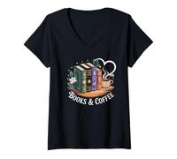 Femme Books and Coffee Book Lover Bookish Green Book Theme Reading T-Shirt avec Col en V