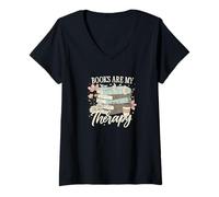 Femme Books are My Therapy Floral Stack Book Lover Graphic T-Shirt avec Col en V