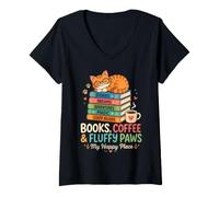 Femme Books Coffee and Fluffy Paws Lecteur de Chat Confortable T-Shirt avec Col en V
