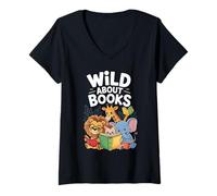 Femme Books Zoo animals Book Reader Kids T-Shirt avec Col en V