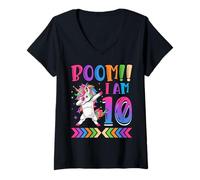 Femme Boom!! I Am 10, Licorne colorée drôle 10e Anniversaire T-Shirt avec Col en V