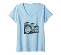 Femme Boombox Ghetto Blaster Radio Hip Hop Musique analogique T-Shirt avec Col en V