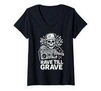 Femme Boombox rétro Rave Till Grave Old Skool Raver Style T-Shirt avec Col en V