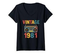Femme Boombox Vintage 1981 Musique Rétro Style Cassette T-Shirt avec Col en V