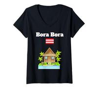 Femme Bora Bora Drapeau Souvenir sur l'eau Bungalow Palmier T-Shirt avec Col en V