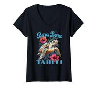 Femme Bora Bora Tahiti Polynésie Française Tortue de mer et Hibiscus T-Shirt avec Col en V