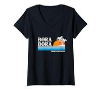 Femme Bora Bora Tahiti Tropical Vacation Vintage Style années 80 Coucher de soleil T-Shirt avec Col en V