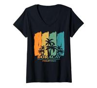 Femme Boracay Philippines Palmiers dans Le Vent Plage Souvenir T-Shirt avec Col en V