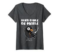Femme Bord D'Aile De Merle | Humour Oiseau Jeu de Mot Expression T-Shirt avec Col en V, Chiné Foncé, S