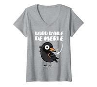 Femme Bord D'Aile De Merle | Humour Oiseau Jeu de Mot Expression T-Shirt avec Col en V, Gris Chiné, M