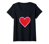 Femme Bordure en dentelle rose cœur rouge T-Shirt avec Col en V