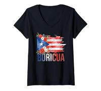 Femme Boricua Drapeau de Porto Rico Fleurs Fiers Patrimoine Hispanique T-Shirt avec Col en V