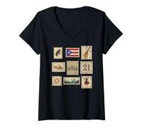 Femme Boricua Puerto Rico Timbres 21 Coqui El Morro Salsa T-Shirt avec Col en V