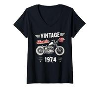 Femme Born 1974 Vintage Classique Rétro Moto Anniversaire T-Shirt avec Col en V