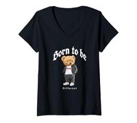 Femme Born to Be Different, Cool Teddy Bear Quotes Graphic Designs T-Shirt avec Col en V