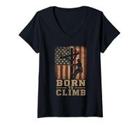 Femme Born to Climb Lineman Drapeau USA Power Line Worker T-Shirt avec Col en V