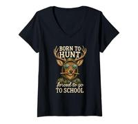 Femme Born to Hunting Forced Go School Funny Deer T-Shirt avec Col en V