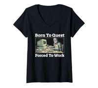 Femme Born to Quest est forcé de Travailler | Funny Knight Gaming T-Shirt avec Col en V