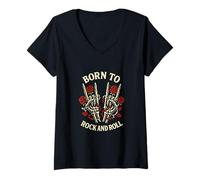 Femme Born to Rock Lets Rock Vintage Retro Rock & Roll Rock Concert T-Shirt avec Col en V