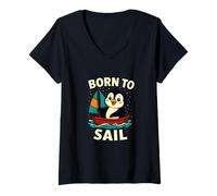 Femme Born to Sail Penguin Graphic - Fun Nautical Adventure T-Shirt avec Col en V