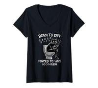 Femme Born To Sh t Forced To Wipe Chat Chilling In Toilet Japanese T-Shirt avec Col en V