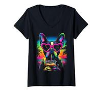 Femme Boston Terrier avec Lunettes de Soleil Motif Chien Bostie Café glacé T-Shirt avec Col en V