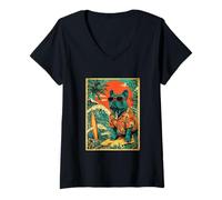 Femme Boston Terrier Chien Surfeur Hawaïen Rétro Coucher de Soleil Plage Été T-Shirt avec Col en V