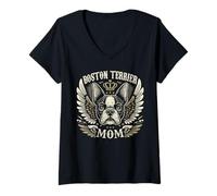 Femme Boston Terrier Mom Biker Wings Moto Lover Dog Retro T-Shirt avec Col en V