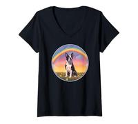 Femme Boston Terrier Rainbow Bridge Peinture commémorative colorée pour Chien T-Shirt avec Col en V