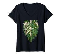 Femme Botanique Squelette Gothique Plante Tropicale Anatomie Nature T-Shirt avec Col en V