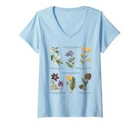 Femme Botanique Vintage - Six Fleurs Sauvages avec des Noms latins T-Shirt avec Col en V