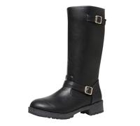 Femme Botte Hautes Genoux à boucles Rond Femelles Bottillon Casual loisirs à talon carré classiques Bottes Femelles cuir véritable Automne Hiver Cowboy Femmes Bottines Mode Couleur unie Tige large