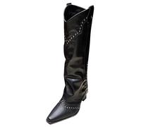 Femme Botte Hautes Genoux avec rivets plates Bottillons Femme Millésime rétro loisirs Femmes Bottes à talon carré classiques cuir véritable Women Boots Chaudes Souple Moderne
