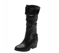 Femme Botte Hautes Genoux plates à boucles Femelles Bottillon Moderne Confortable Souple Automne Hiver Bottillons Femme Elégantes Chaudes à talon carré Cowboy Femelles Botte cuir véritable Mode