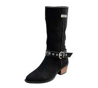 Femme Bottes de Cowboy en Daim Rétro À Bout Pointu Boucle De Ceinture Talon Bas Style Western Classique Elegant Bottes Courtes Femme Boots Chaussures Automne Et Hiver 41