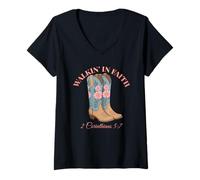 Femme Bottes de cowboy western à fleurs roses Walkin In Faith T-Shirt avec Col en V
