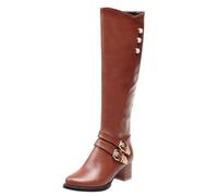 Femme Bottes Hautes En Cuir Talon Bloc Bordeaux Avec Boucles Dorées Grande Taille Antidérapant Bottes Style Cavalier Élégant Boots Chaussures Automne Et Hiver 45