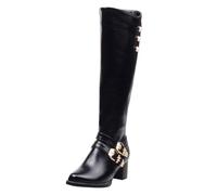 Femme Bottes Hautes En Cuir Talon Bloc Bordeaux Avec Boucles Dorées Grande Taille Antidérapant Bottes Style Cavalier Élégant Boots Chaussures Automne Et Hiver 38