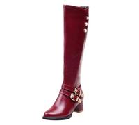 Femme Bottes Hautes En Cuir Talon Bloc Bordeaux Avec Boucles Dorées Grande Taille Antidérapant Bottes Style Cavalier Élégant Boots Chaussures Automne Et Hiver 39