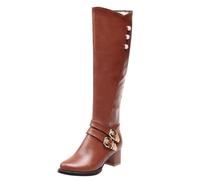 Femme Bottes Hautes En Cuir Talon Bloc Bordeaux Avec Boucles Dorées Grande Taille Chaude Doublure Bottes Style Cavalier Élégant Boots Chaussures Automne Et Hiver 33