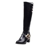 Femme Bottes Hautes En Cuir Talon Bloc Bordeaux Avec Boucles Dorées Grande Taille Chaude Doublure Bottes Style Cavalier Élégant Boots Chaussures Automne Et Hiver 34