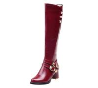 Femme Bottes Hautes En Cuir Talon Bloc Bordeaux Avec Boucles Dorées Grande Taille Chaude Doublure Bottes Style Cavalier Élégant Boots Chaussures Automne Et Hiver 38